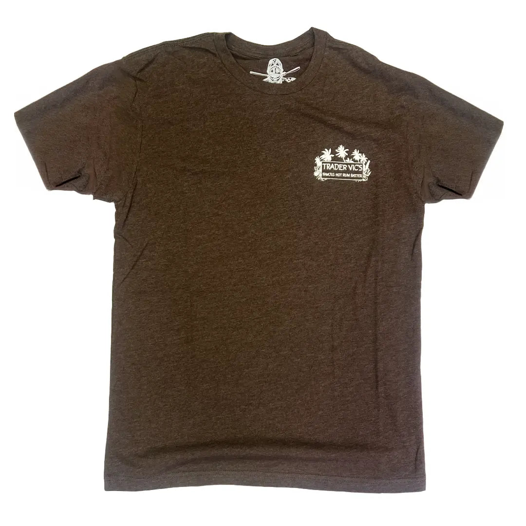 Brown t-shirt with a logo on the chest against a white background