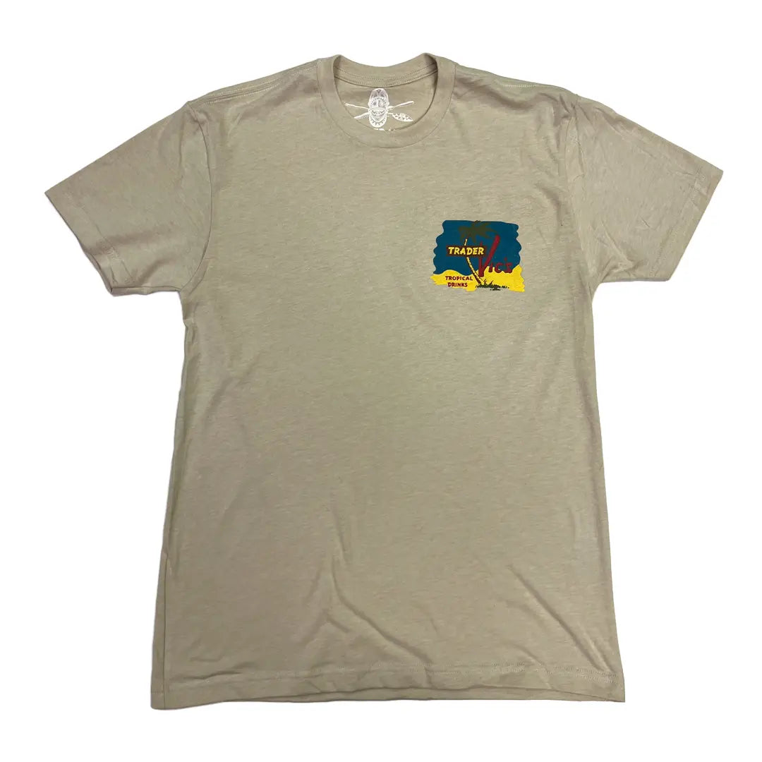 Beige t-shirt with a colorful graphic on the chest against a white background