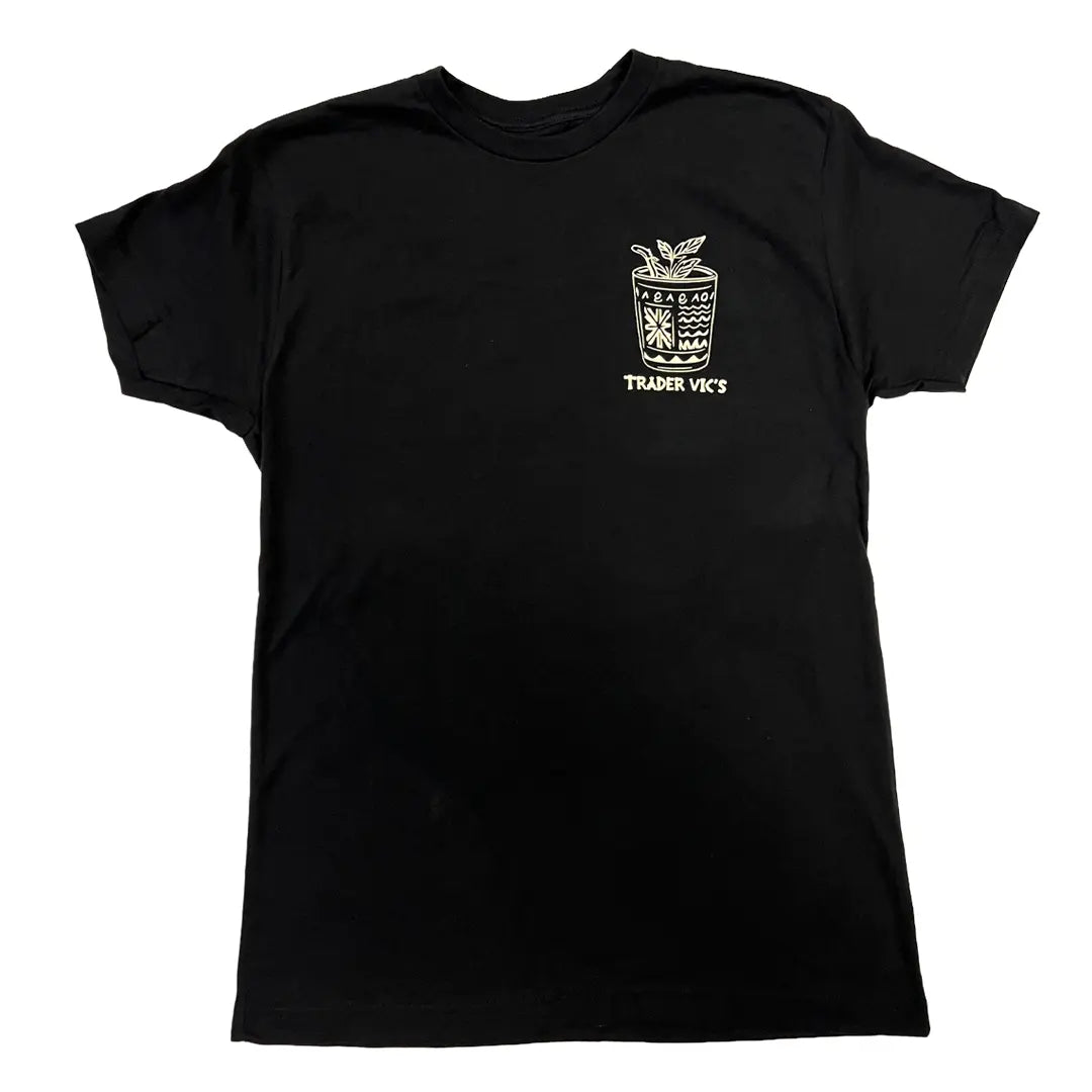 Black t-shirt with a white logo on a white background
