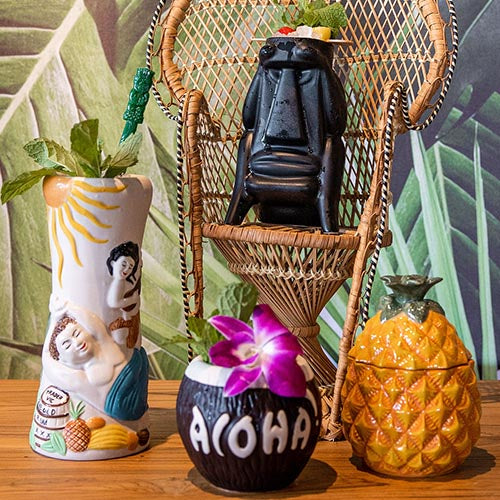 Lineup of our mugs - Suffering Bastard, Pineapple, Coconut Mug.