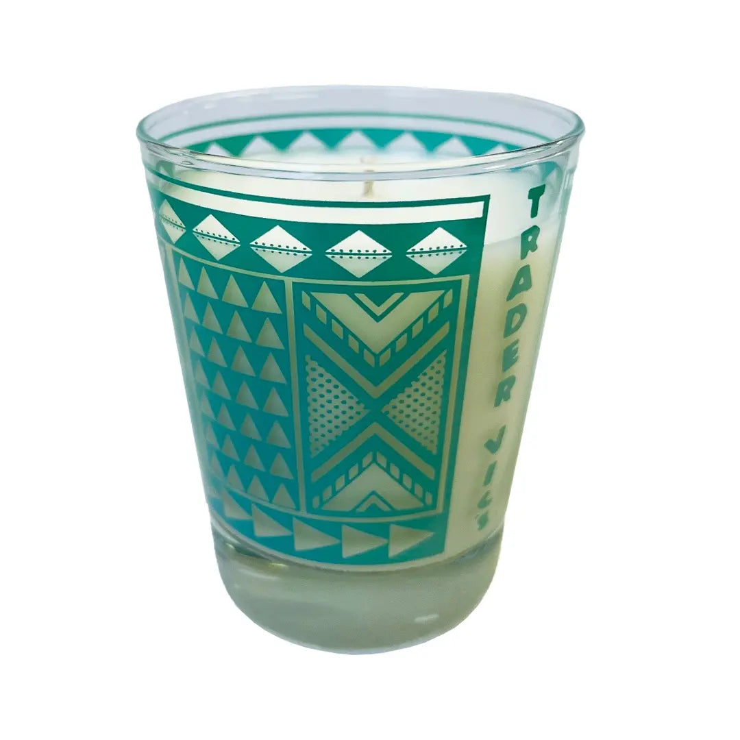 candle in mai tai glass with green pattern