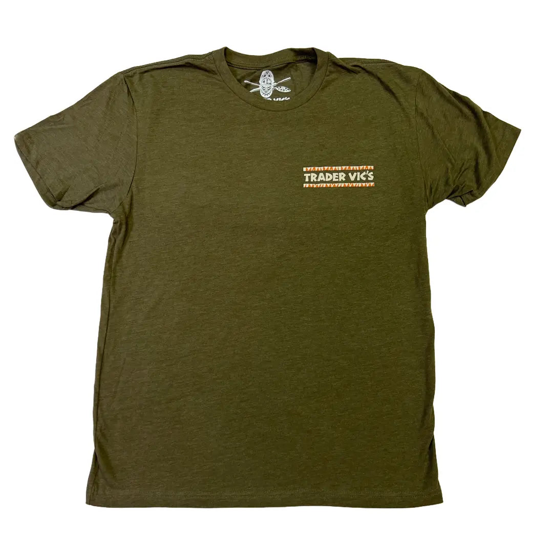 Olive shirt that says Trader Vic's