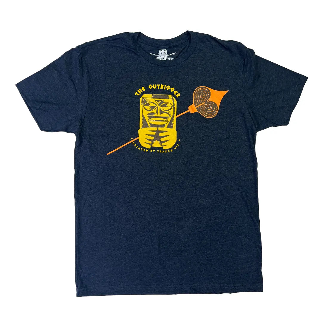 Navy blue t-shirt with yellow graphic design on a white background