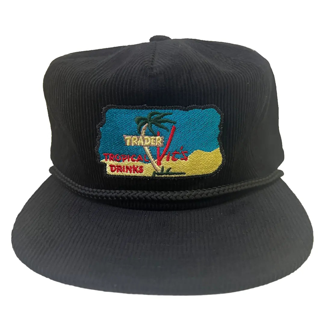 Black hat with a colorful embroidered logo on a white background