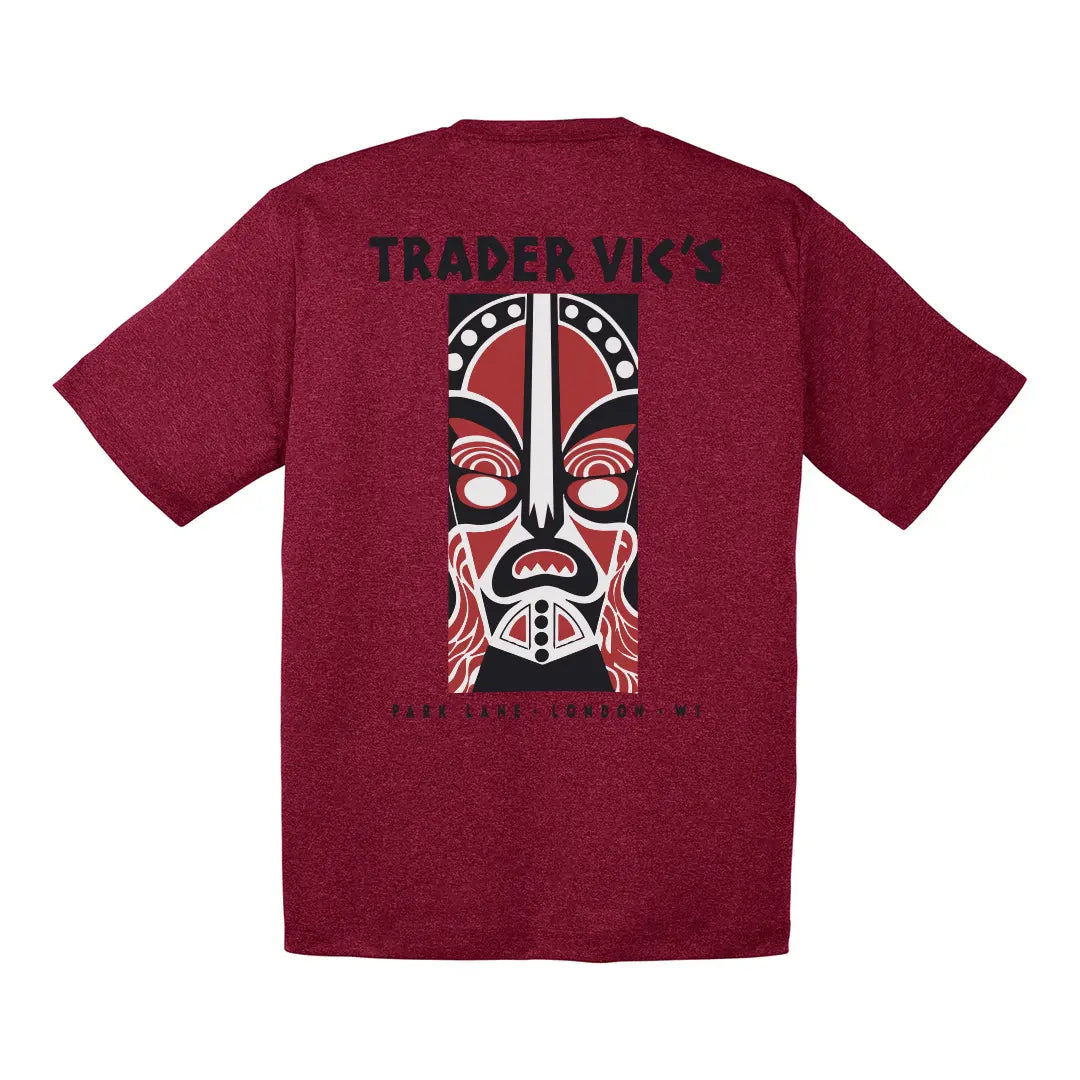 Red t-shirt with a mask design and 'Trader Vic's' branding on the back.