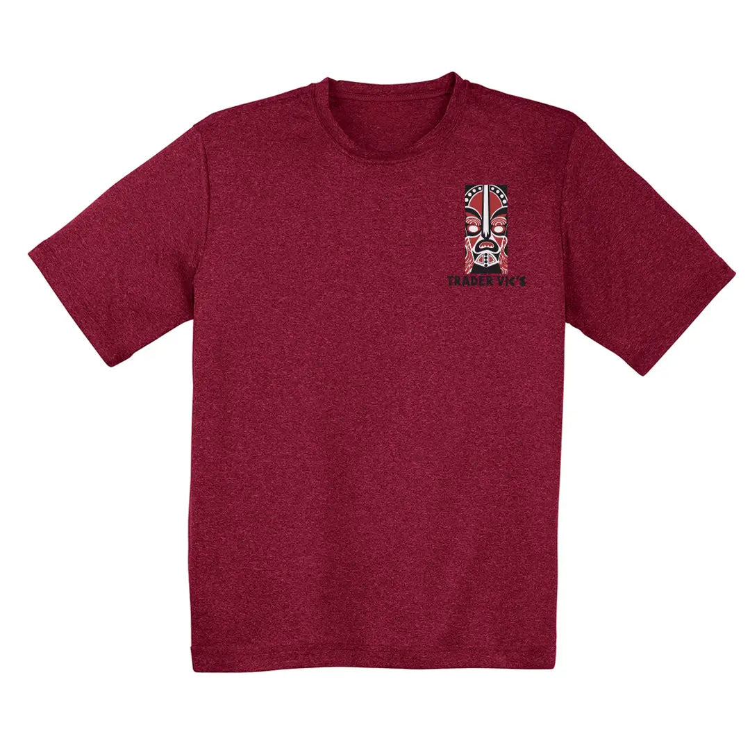 Maroon t-shirt with a graphic design on the chest against a white background