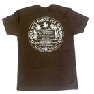 Brown t-shirt with white graphic and text on a white background