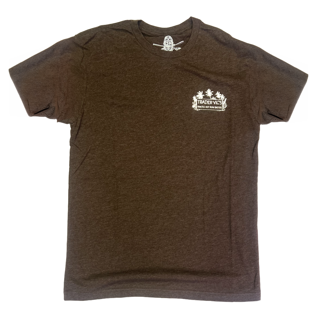 Brown t-shirt with a logo on the chest against a white background