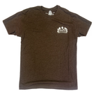 Brown t-shirt with a logo on the chest against a white background