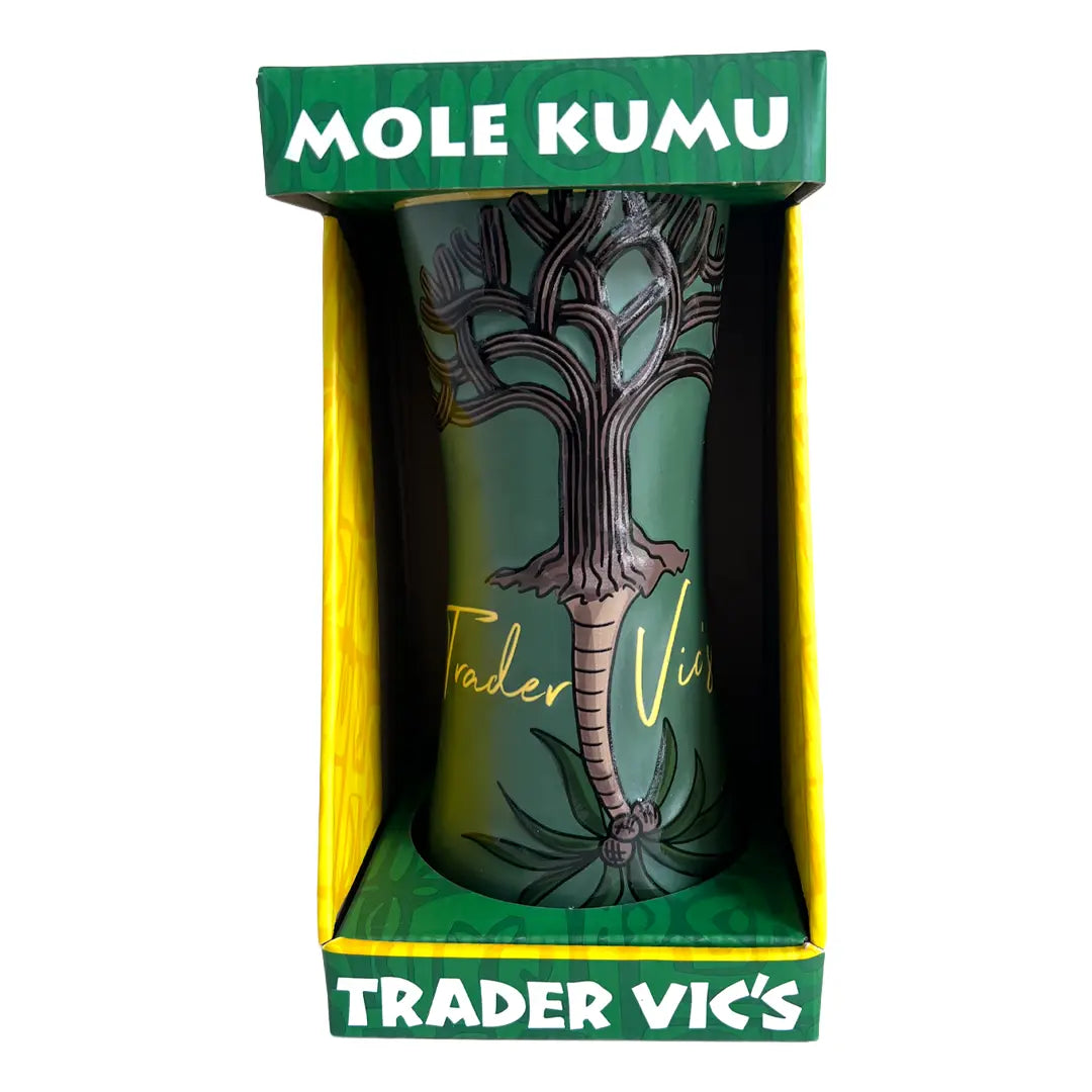 Green tumbler with tree design in a 'Trader Vic's' branded box, featuring 'Mole Kumu' text.