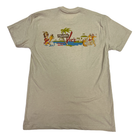Beige t-shirt with a colorful graphic of 'Trader Vic's' on a white background