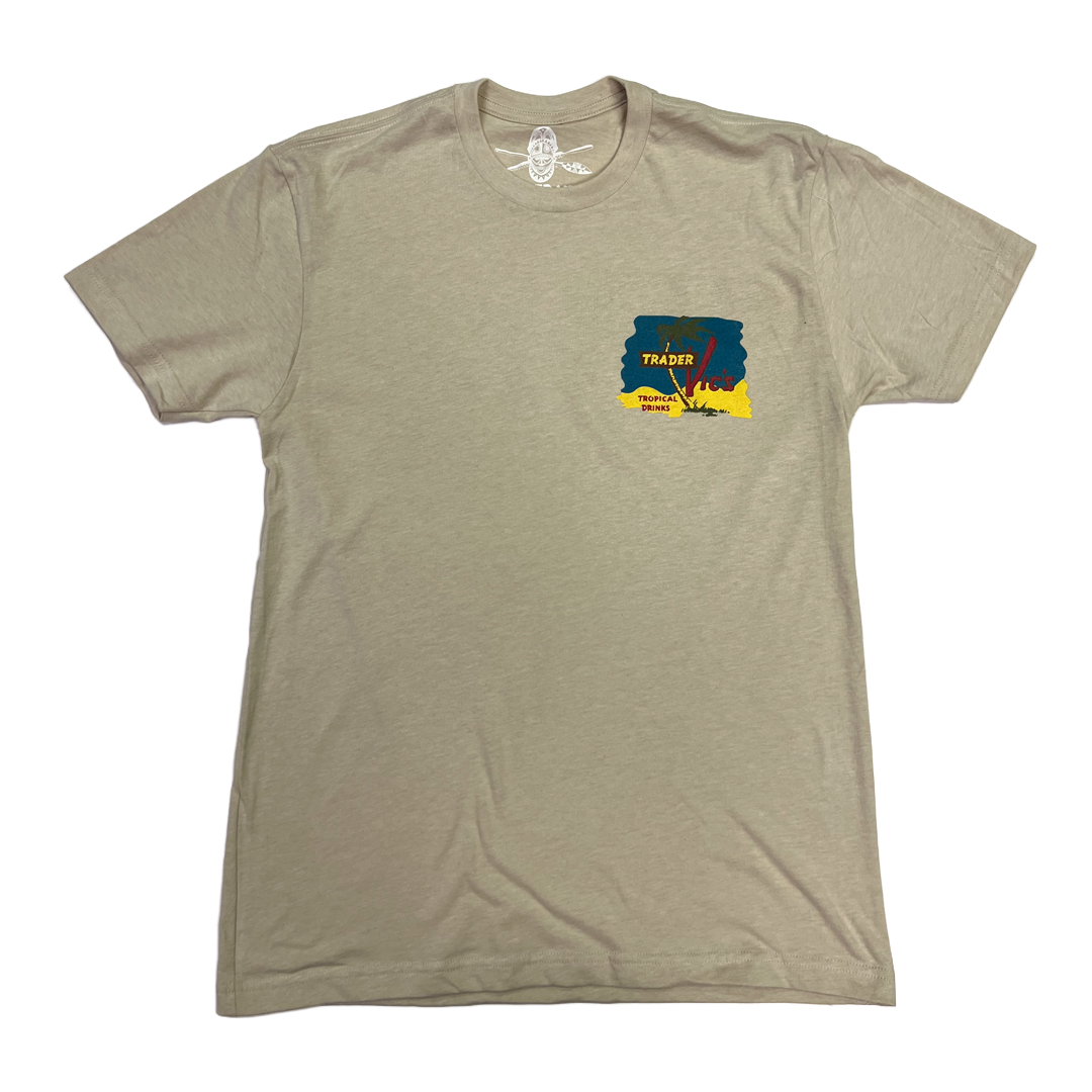 Beige t-shirt with a colorful graphic on the chest against a white background