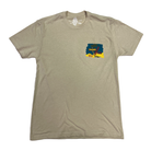 Beige t-shirt with a colorful graphic on the chest against a white background