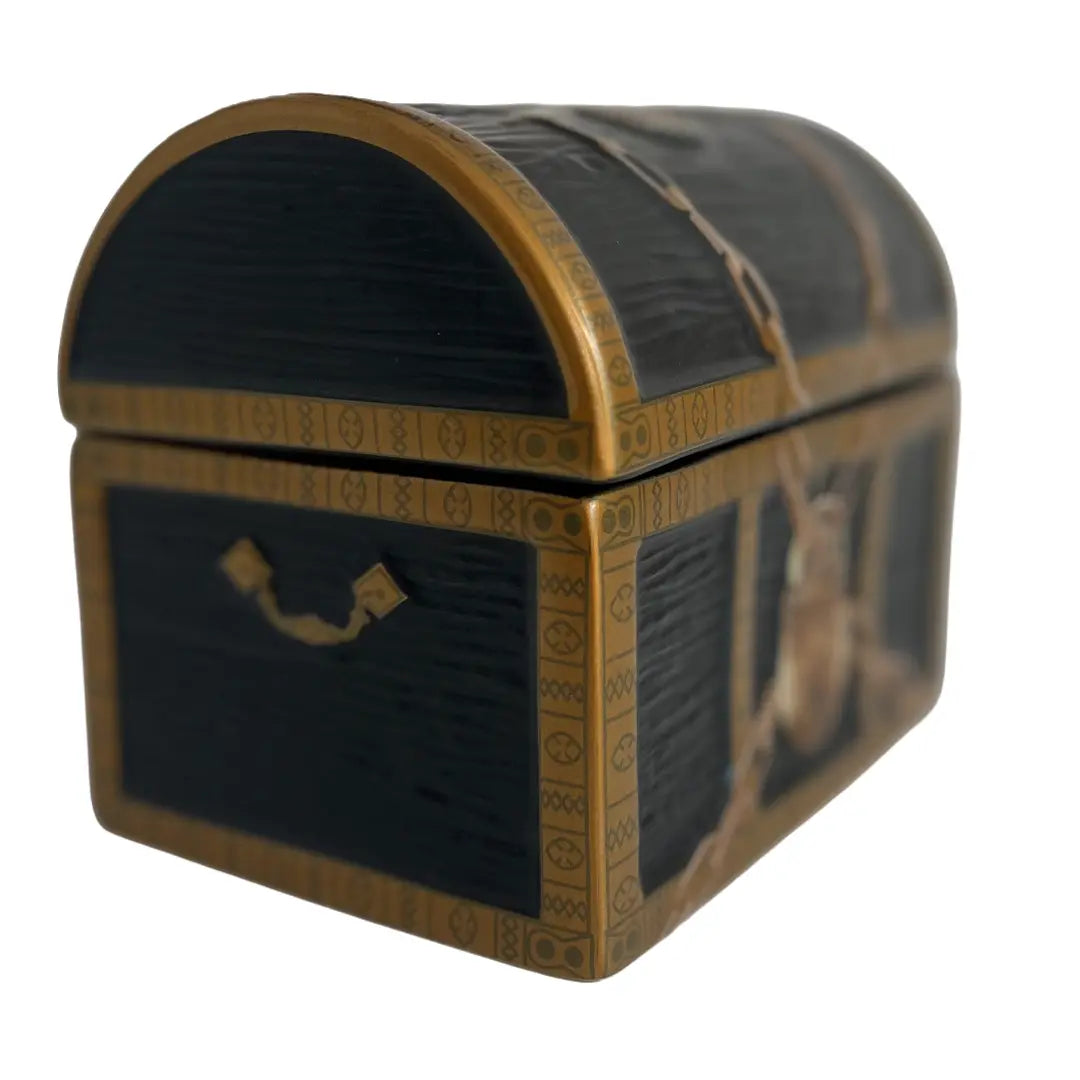 A decorative treasure chest with a dark textured black body and ornate gold-colored trim, rope details, and a small hanging key, shown on a plain white background.