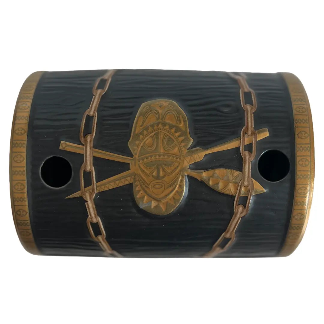 Top of treasure chest with shield and oars logo.