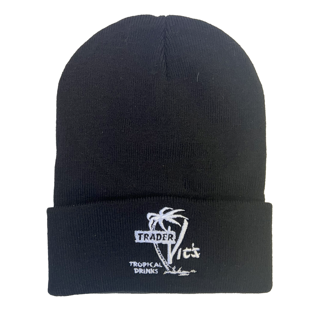 Black beanie with Trader Vic's logo on a white background