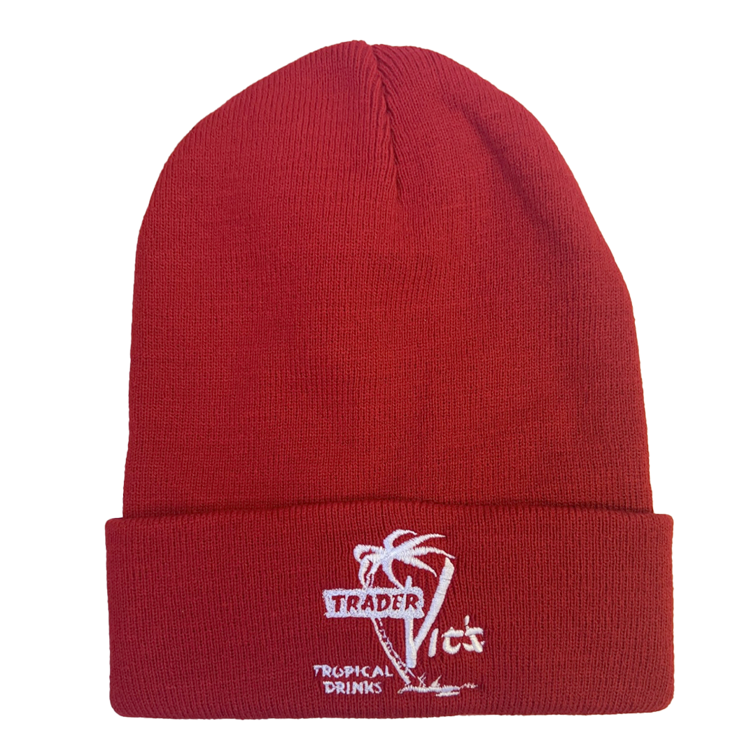 Red beanie with 'Trader Vic's' logo on a white background