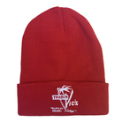Red beanie with 'Trader Vic's' logo on a white background