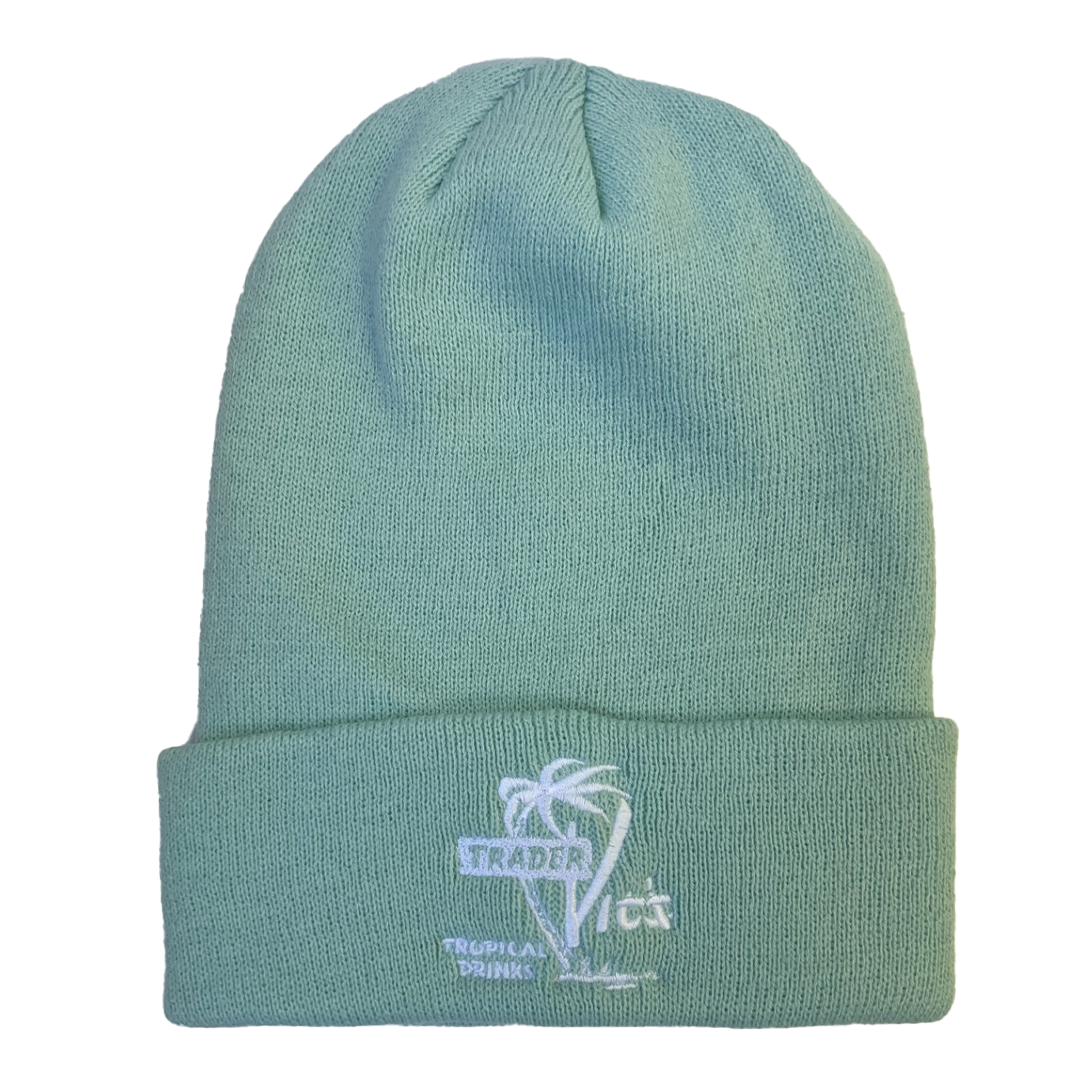 Teal beanie with a logo on a white background