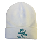 White beanie with a palm tree design and 'Trader Vic's' text on a white background