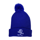 Blue beanie with pom-pom and 'Trader Vic's' logo on a white background