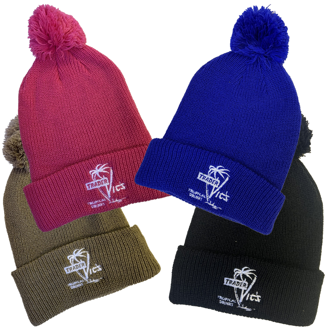 Four beanies in different colors with a logo on a white background