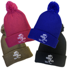 Four beanies in different colors with a logo on a white background