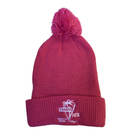 Pink knit beanie with pom-pom on a white background