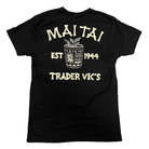Black t-shirt with yellow 'Maiai' and 'Trader Vic's' text and graphics on a white background