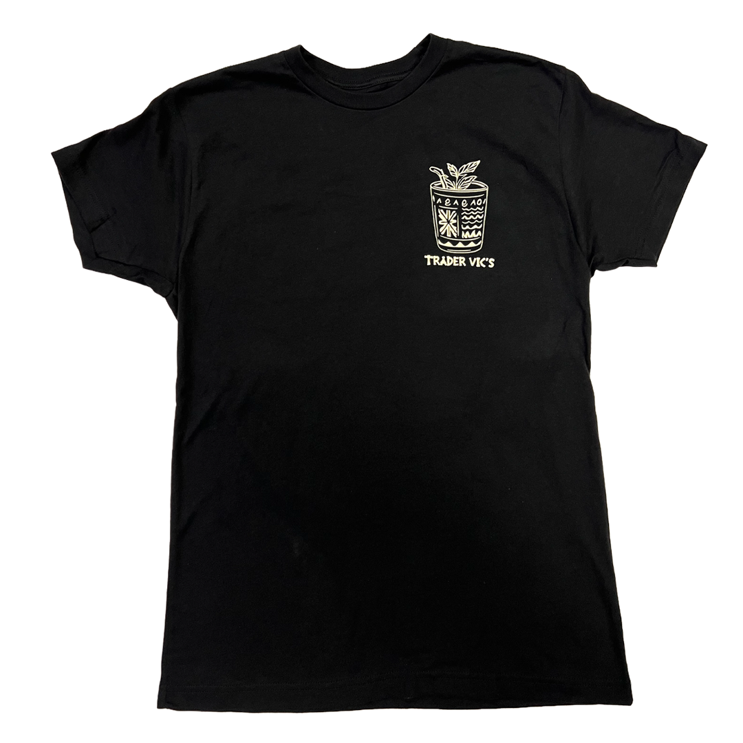 Black t-shirt with a white logo on a white background