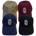 Four baseball caps in different colors with a logo on each, arranged in a square pattern.