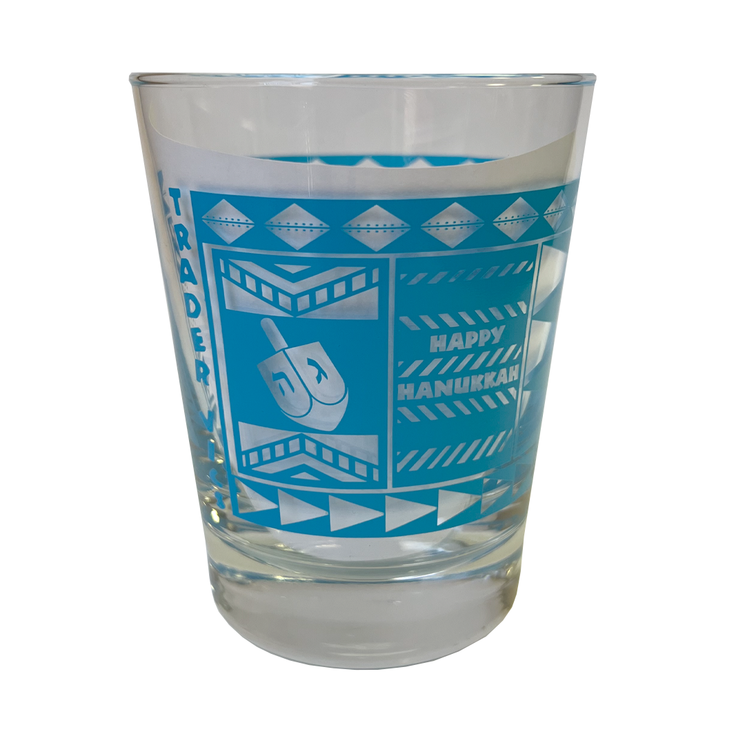 Clear glass with blue Hanukkah-themed design on a white background