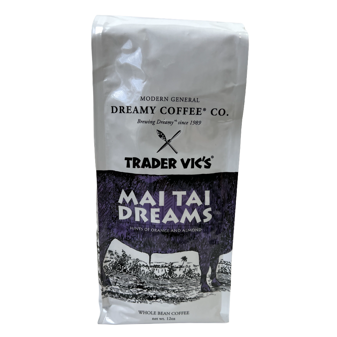 Coffee bag from Trader Vic's Dreamy Coffee Co. with 'Mai Tai Dreams' flavor on a white background