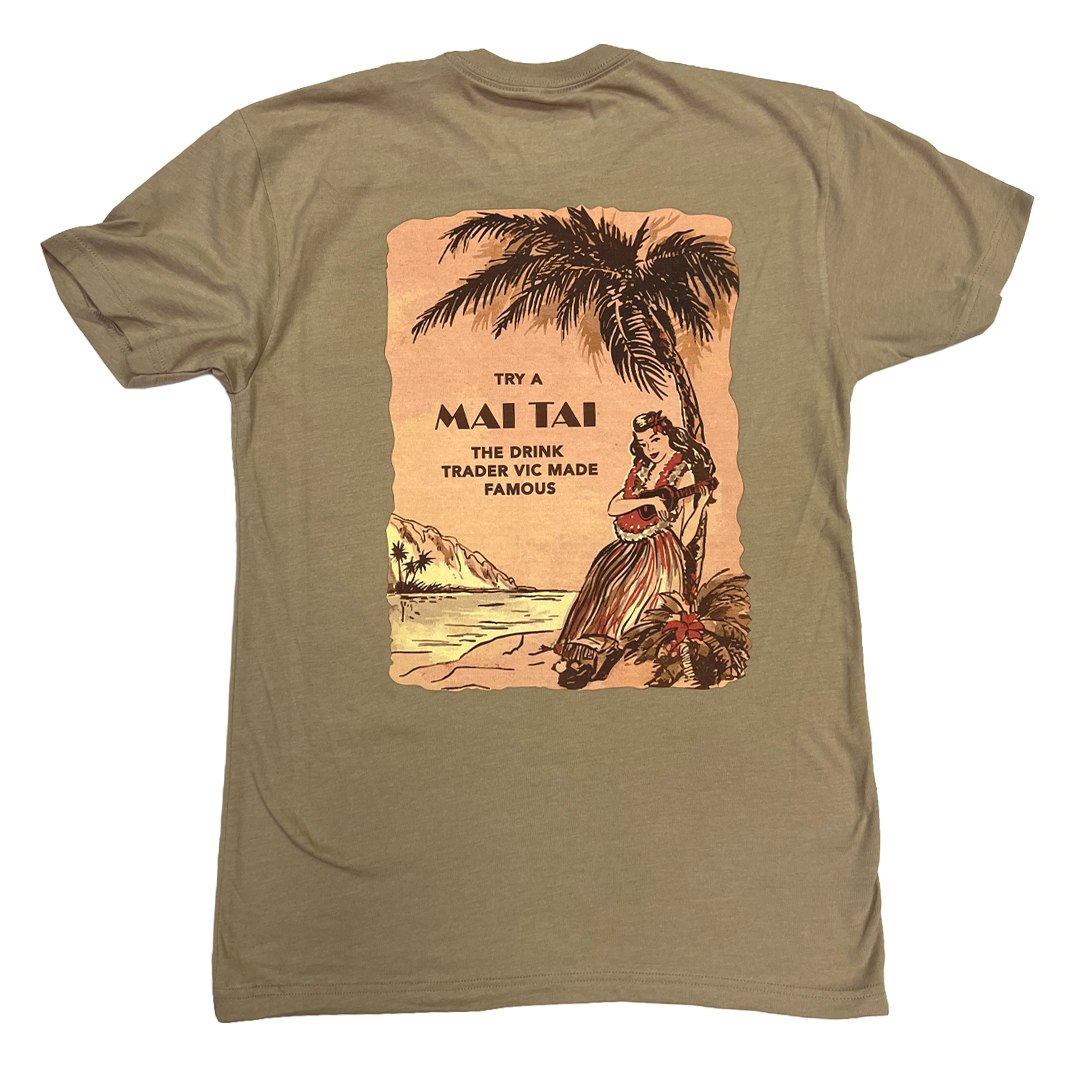 Green t-shirt with a vintage Mai Tai advertisement on a white background