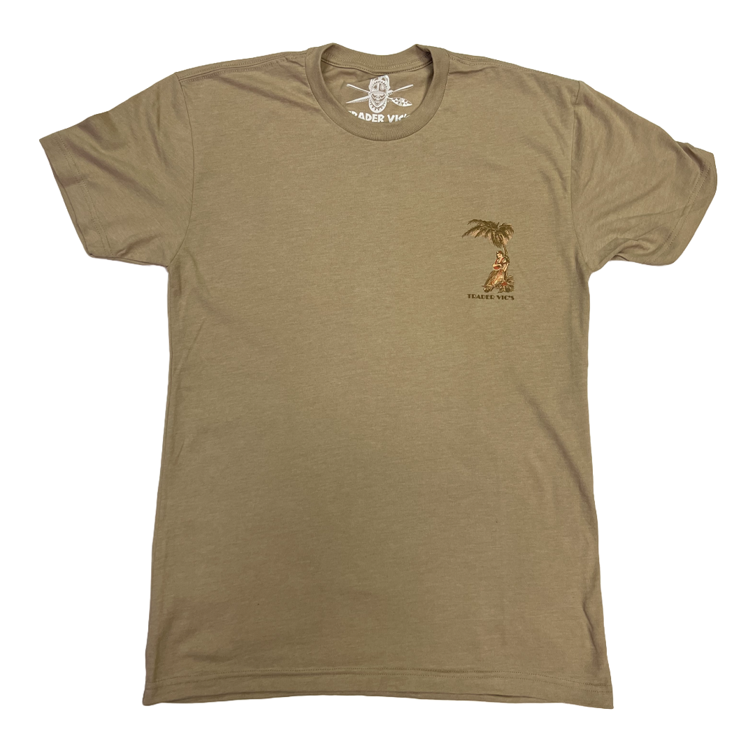 Khaki t-shirt with a small graphic on the chest against a white background