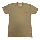 Khaki t-shirt with a small graphic on the chest against a white background