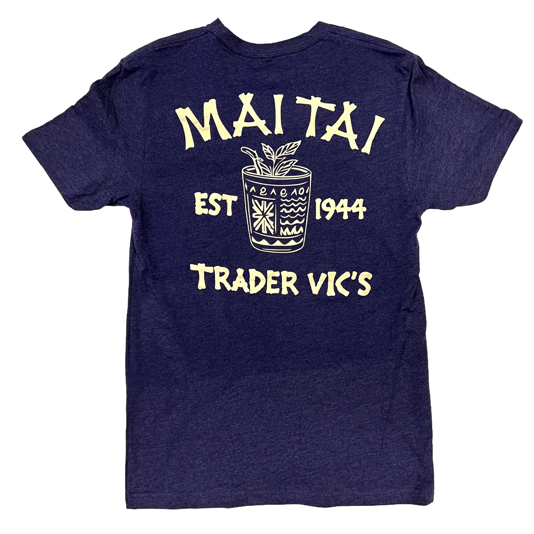 Navy blue t-shirt with yellow 'Mai Tai' and 'Trader Vic's' graphic on a white background