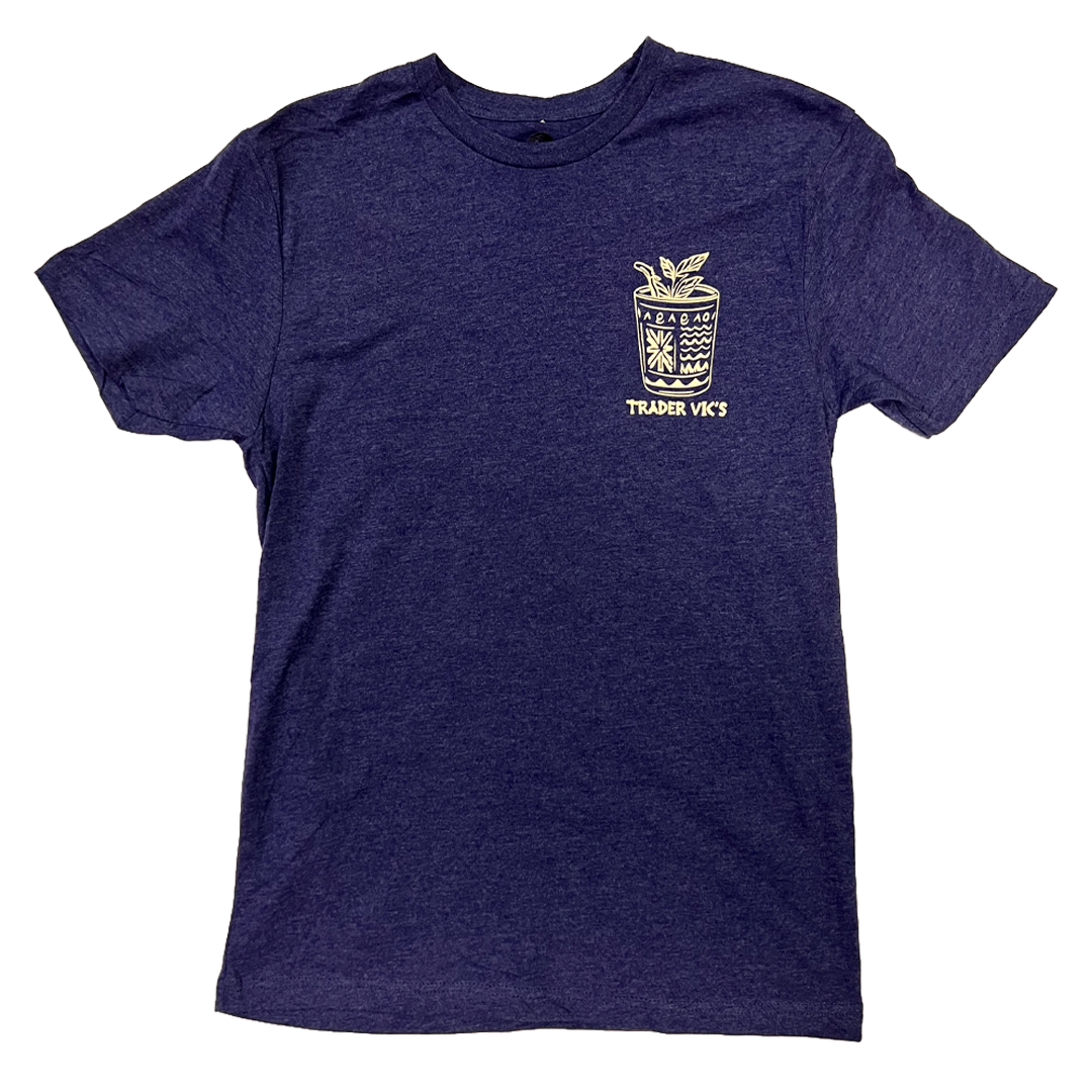 Navy blue t-shirt with a small white logo on a white background