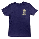 Navy blue t-shirt with a small white logo on a white background