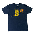 Navy blue t-shirt with yellow graphic design on a white background