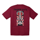Red t-shirt with a mask design and 'Trader Vic's' branding on the back.