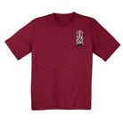 Maroon t-shirt with a graphic design on the chest against a white background
