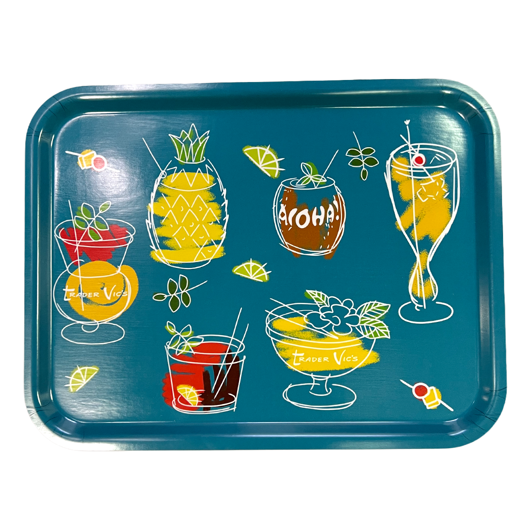 Blue tray with colorful drink illustrations on a white background