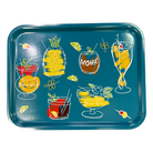 Blue tray with colorful drink illustrations on a white background