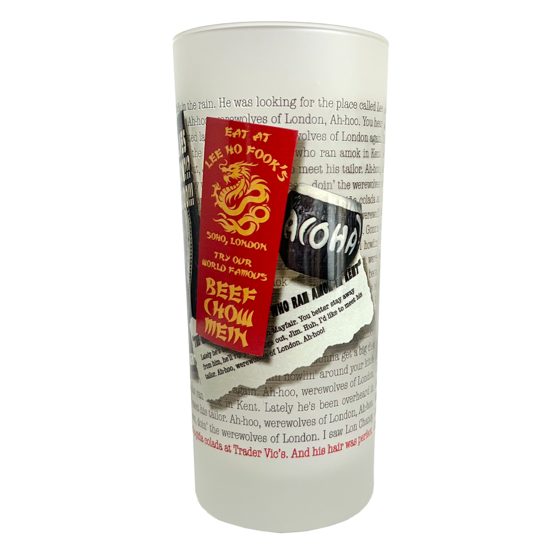 Frosted glass with printed design featuring a restaurant menu and logo.