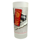 Frosted glass with printed design featuring a restaurant menu and logo.