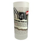 Frosted glass with text and a character image on a white background